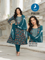 Kaya Kurti Parthi - 6 Pcs Set 3 Piece Anarkali Rayon Printed Kurti Set with Naznin Chiffon Dupatta - M.R. Saree Emporium