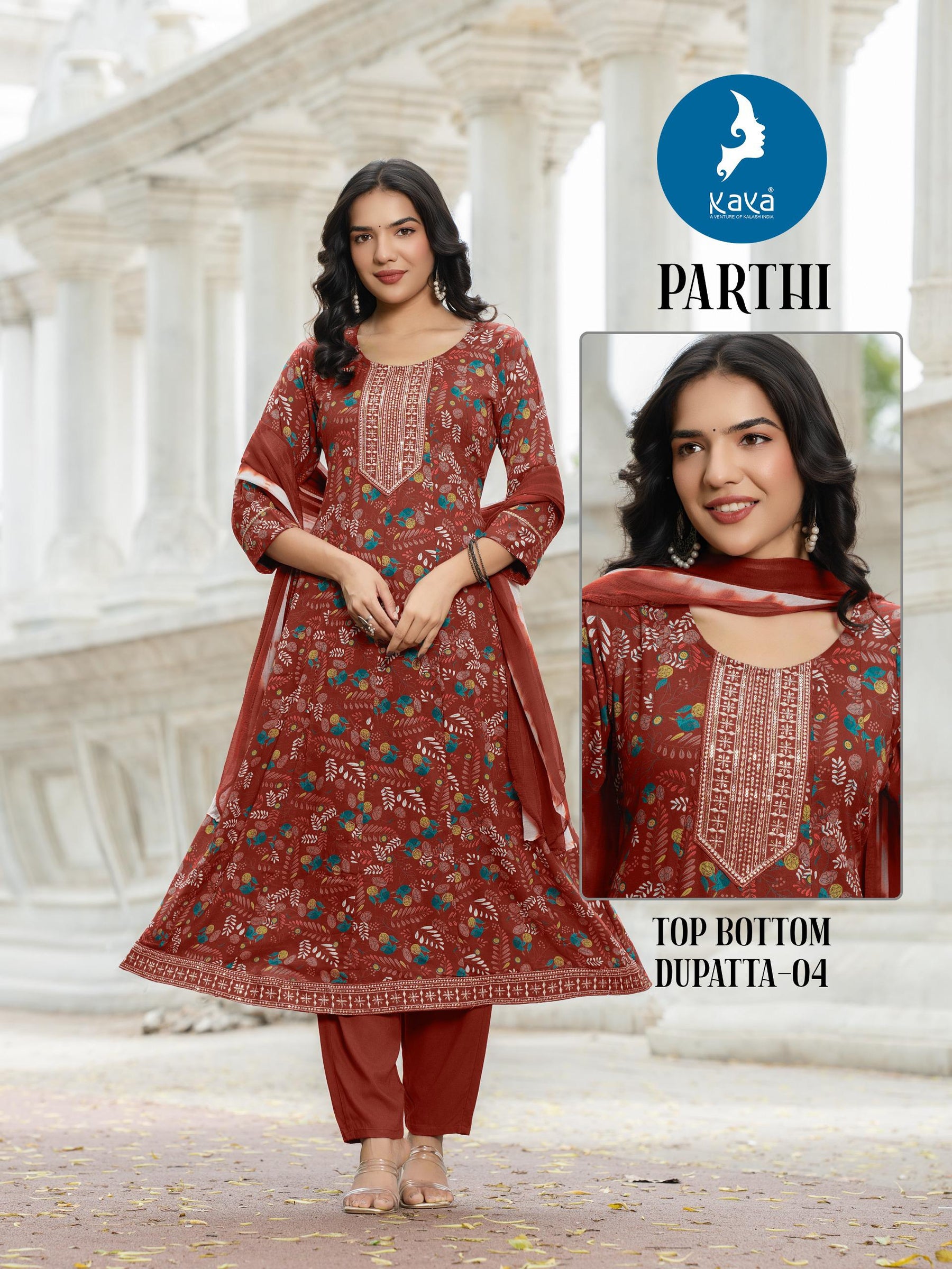 Kaya Kurti Parthi - 6 Pcs Set 3 Piece Anarkali Rayon Printed Kurti Set with Naznin Chiffon Dupatta - M.R. Saree Emporium