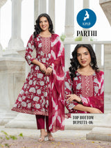 Kaya Kurti Parthi - 6 Pcs Set 3 Piece Anarkali Rayon Printed Kurti Set with Naznin Chiffon Dupatta - M.R. Saree Emporium