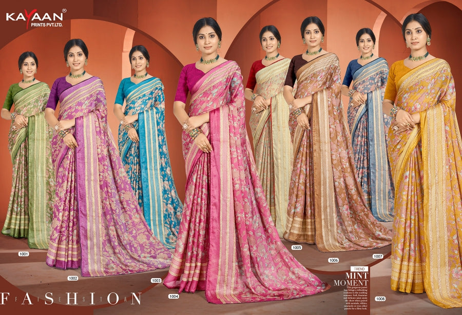 Kayaan Palak Silk Vol-43 Moss Chiffon Saree 8 Pcs Set Wholesale - Fancy Designer Printed Sarees – M.R. Saree Emporium