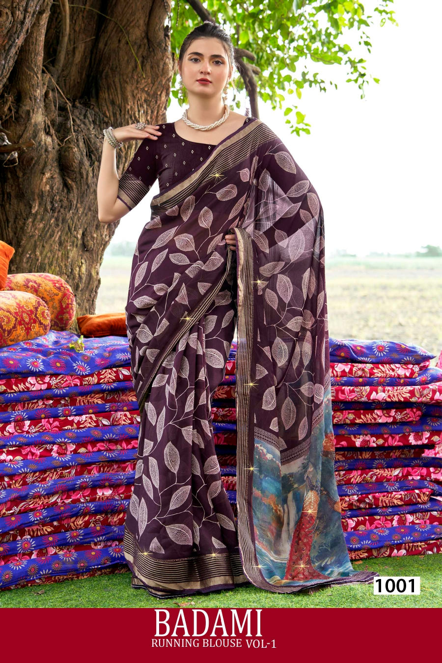 Kayaan Badami Running Blouse Vol-01 Moss Georgette Saree – 8 PCS Set – M.R. Saree Emporium