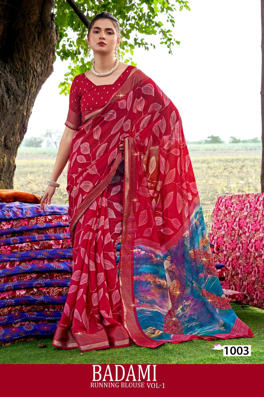 Kayaan Badami Running Blouse Vol-01 Moss Georgette Saree – 8 PCS Set – M.R. Saree Emporium