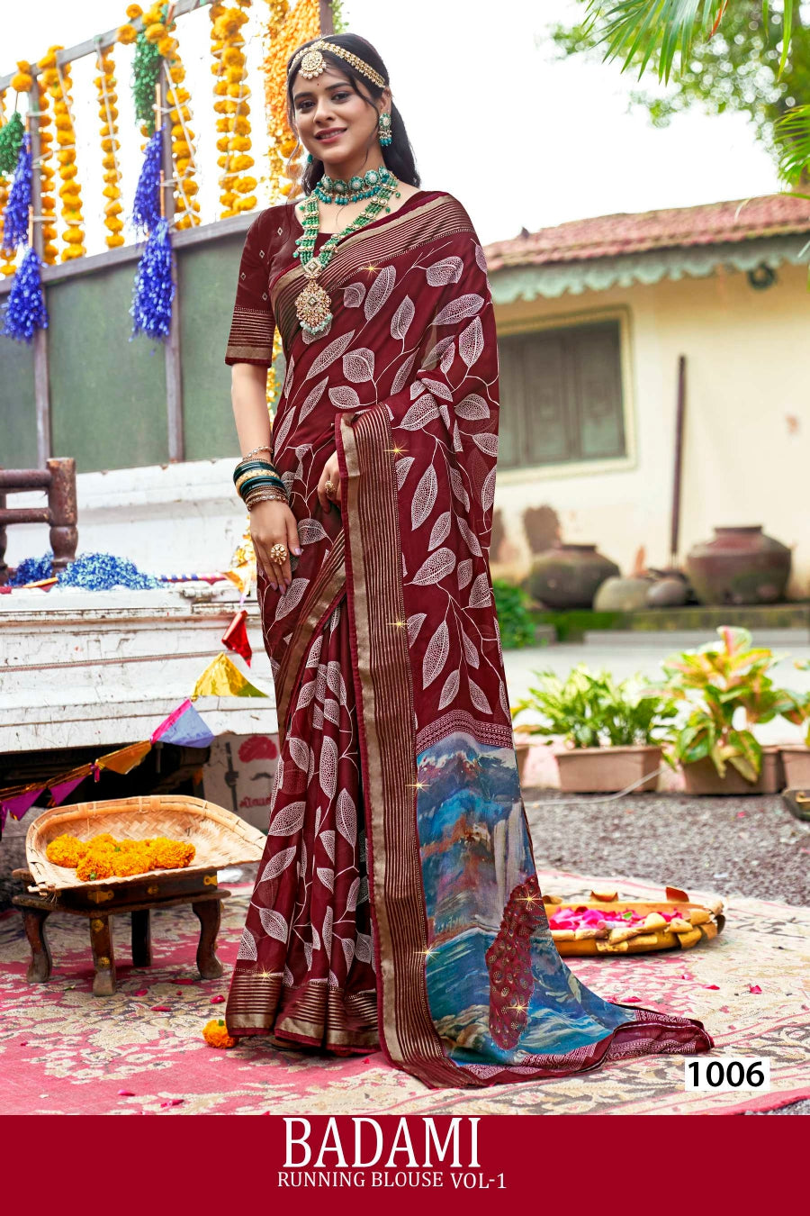 Kayaan Badami Running Blouse Vol-01 Moss Georgette Saree – 8 PCS Set – M.R. Saree Emporium