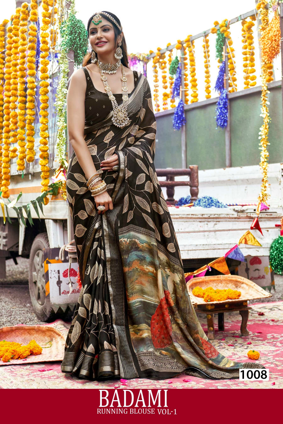 Kayaan Badami Running Blouse Vol-01 Moss Georgette Saree – 8 PCS Set – M.R. Saree Emporium