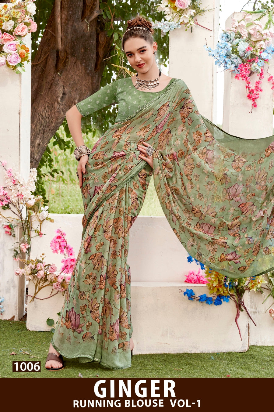 Kayaan Ginger Vol-01 Moss Chiffon Saree – 8 PCS Set – M.R. Saree Emporium