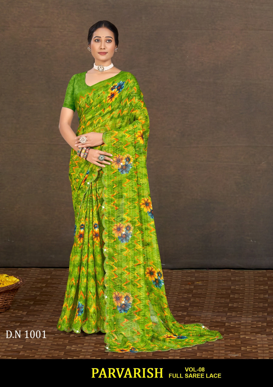 Parvarish Vol-08 Chiffon Printed Saree 8 Pcs Set with Full Lace Border Fancy Daily Wear Saree Wholesale Combo – M.R. Saree Emporium