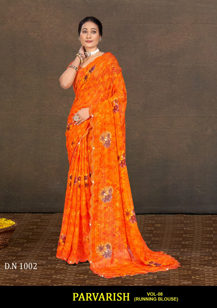 Parvarish Vol-08 Chiffon Printed Saree 8 Pcs Set with Full Lace Border Fancy Daily Wear Saree Wholesale Combo – M.R. Saree Emporium