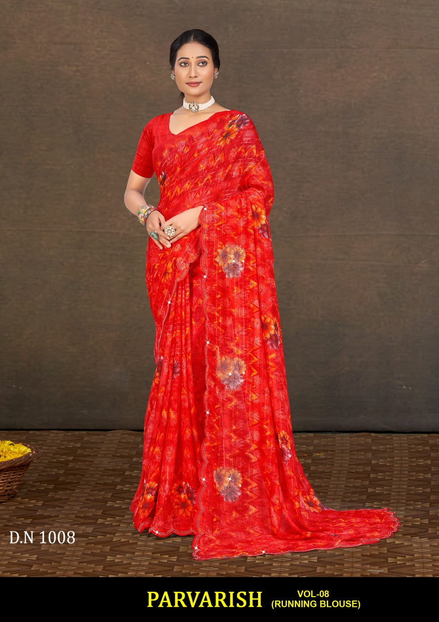 Parvarish Vol-08 Chiffon Printed Saree 8 Pcs Set with Full Lace Border Fancy Daily Wear Saree Wholesale Combo – M.R. Saree Emporium