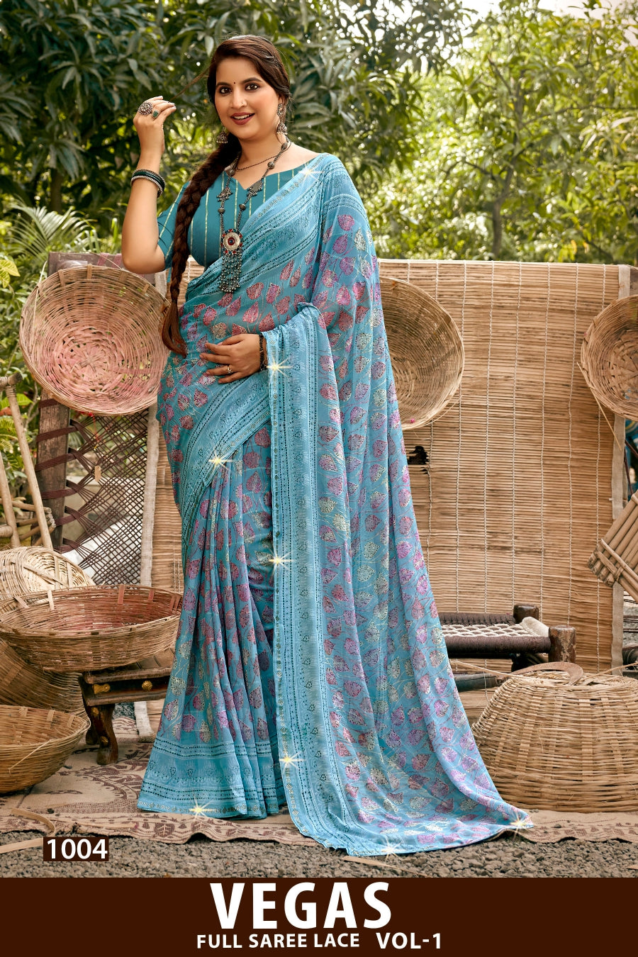 Kayaan Vegas Vol-01 Full Saree Lace Printed Shimmer Georgette Saree (8 Pcs Set) – M.R. Saree Emporium