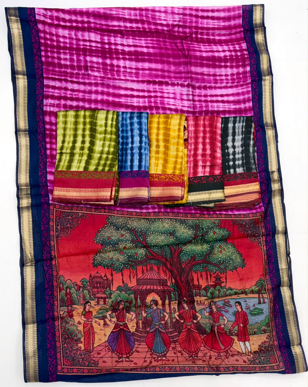 Kazari Series Mul Cotton Saree - Unique Printed Design with Zari Pallu 6 Pcs Set
