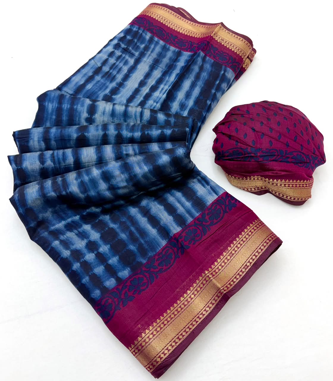 Kazari Series Mul Cotton Saree - Unique Printed Design with Zari Pallu 6 Pcs Set