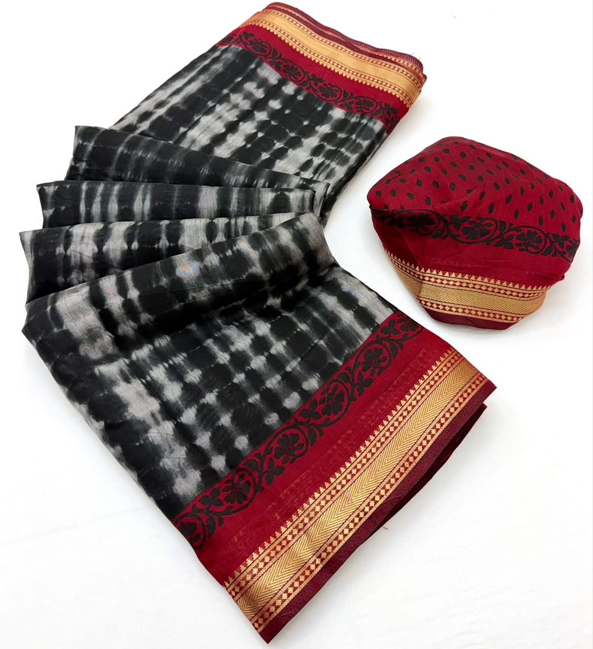 Kazari Series Mul Cotton Saree - Unique Printed Design with Zari Pallu 6 Pcs Set