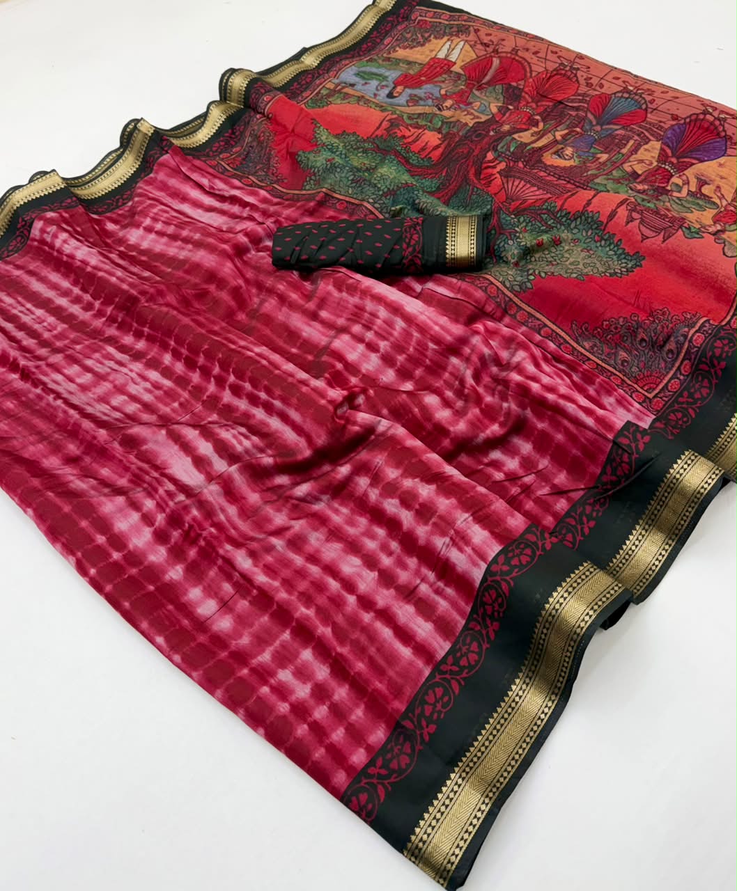 Kazari Series Mul Cotton Saree - Unique Printed Design with Zari Pallu 6 Pcs Set