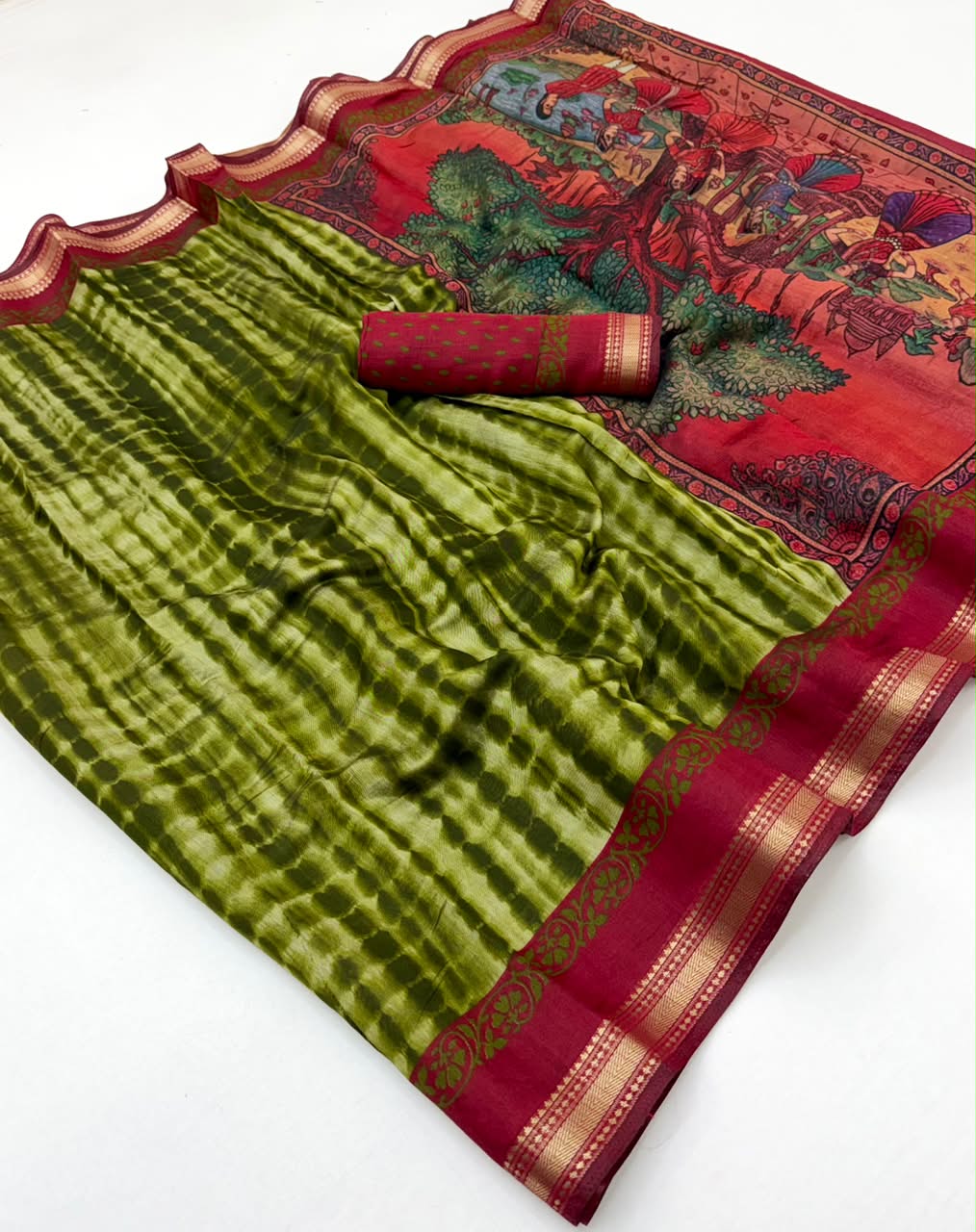 Kazari Series Mul Cotton Saree - Unique Printed Design with Zari Pallu 6 Pcs Set