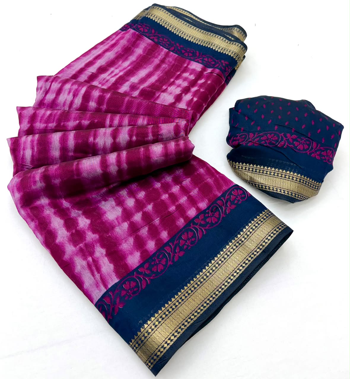 Kazari Series Mul Cotton Saree - Unique Printed Design with Zari Pallu 6 Pcs Set