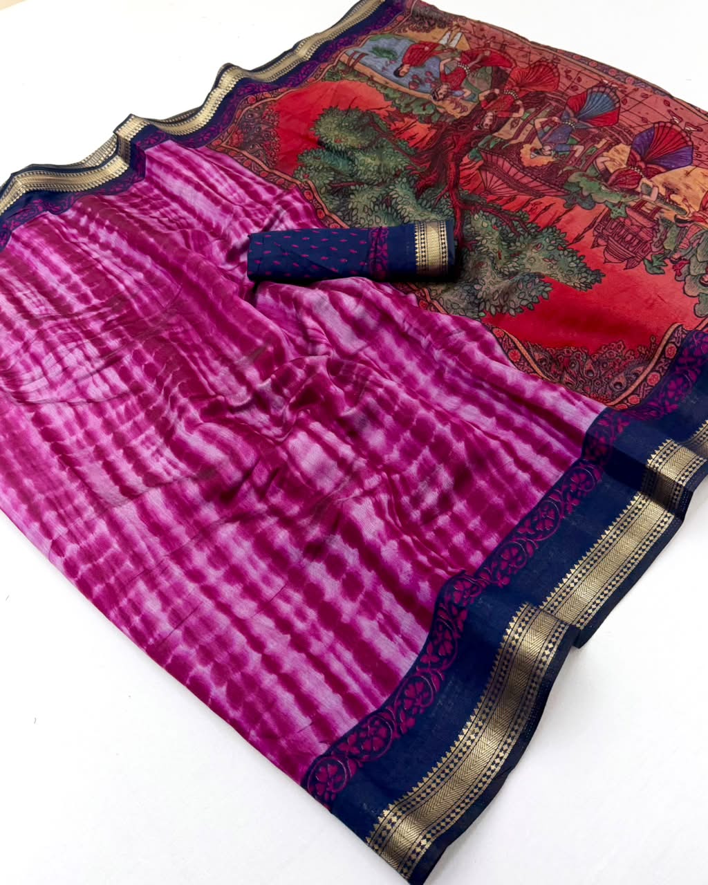 Kazari Series Mul Cotton Saree - Unique Printed Design with Zari Pallu 6 Pcs Set