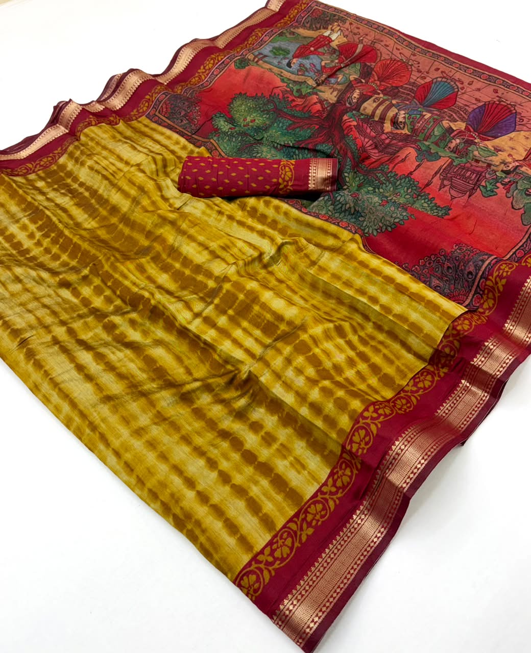 Kazari Series Mul Cotton Saree - Unique Printed Design with Zari Pallu 6 Pcs Set