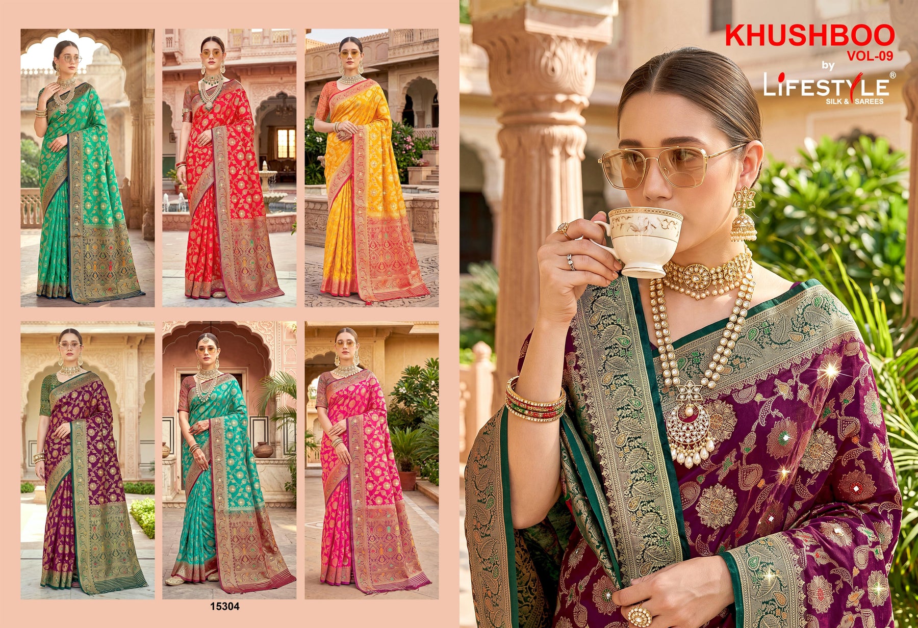 Lifestyle Khushboo Vol-9 Designer Silk Saree - 6 Pcs Set