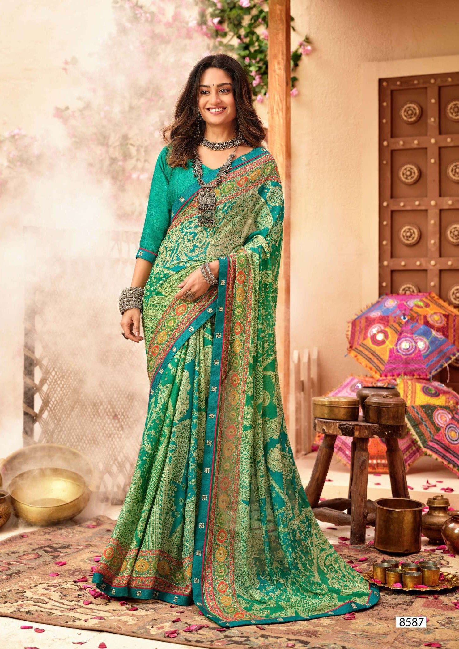 Krishnaleela Jashnaa Fancy Print Saree – Set of 8 Pcs -M.R. Saree Emporium