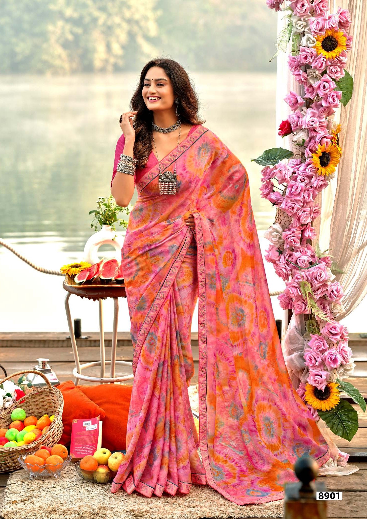 Krishnaleela Afsana Fancy Base with Pattern Printed Saree – 8 Pcs Set-M.R. Saree Emporium
