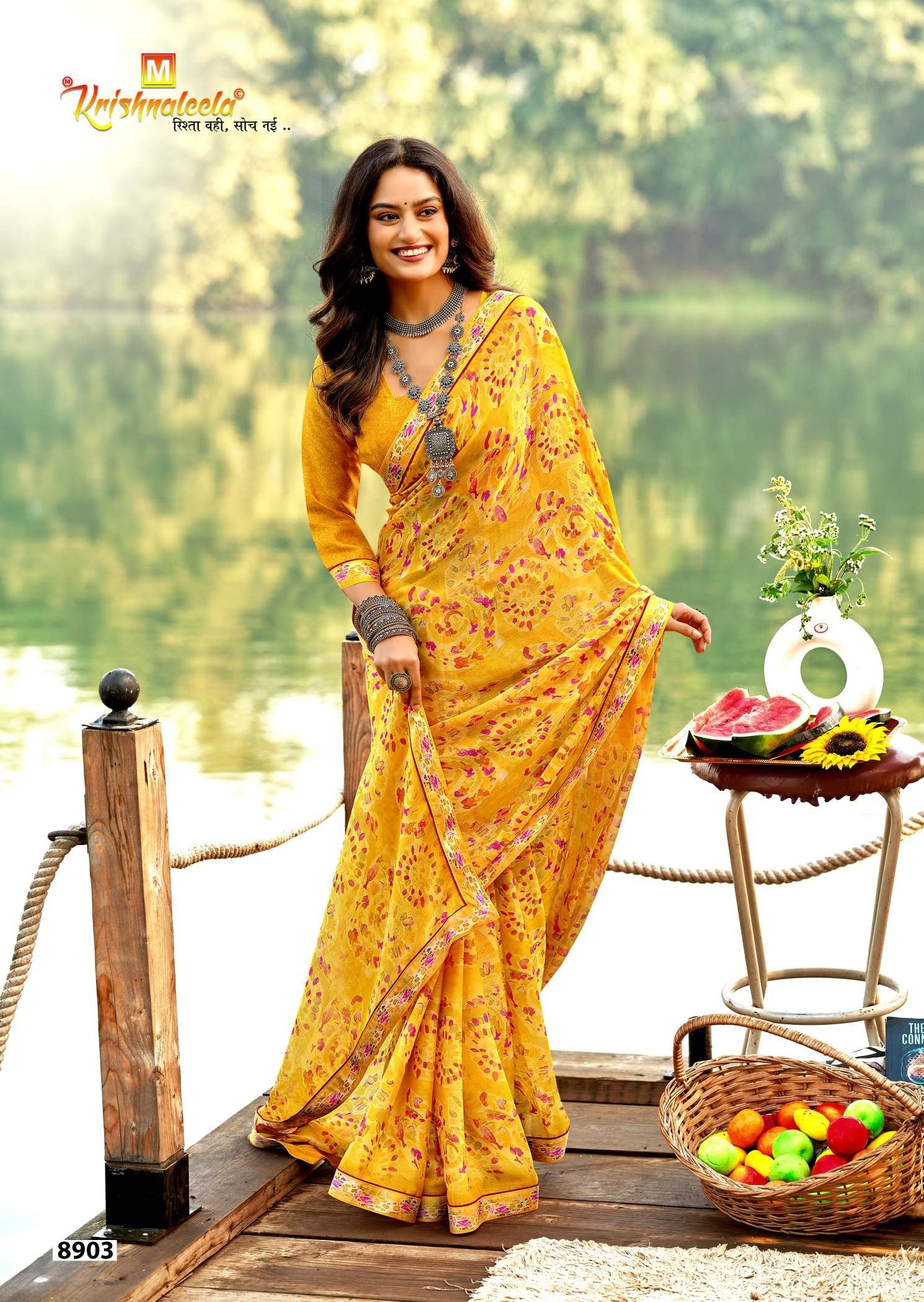 Krishnaleela Afsana Fancy Base with Pattern Printed Saree – 8 Pcs Set-M.R. Saree Emporium