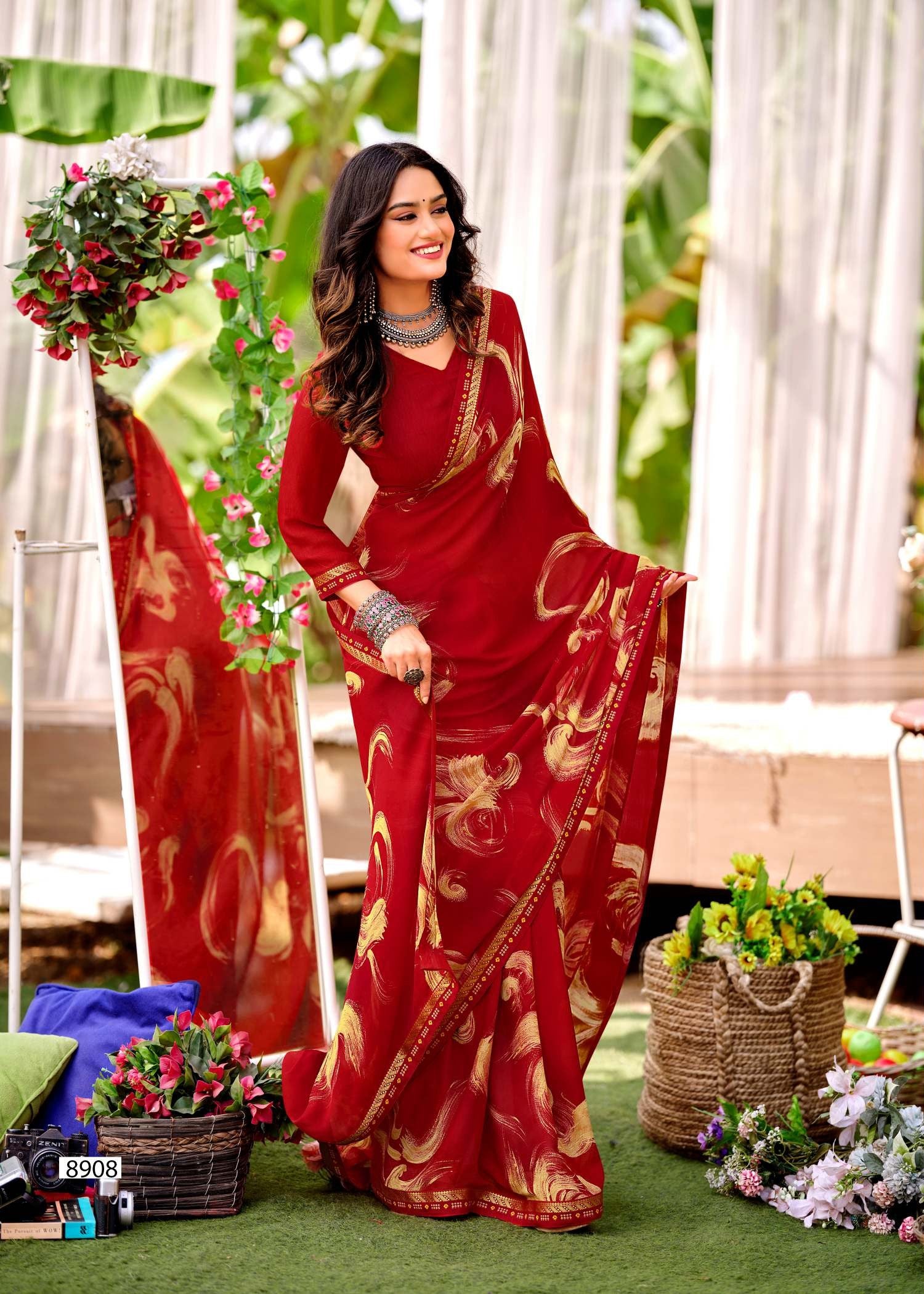 Krishnaleela Desi Girl-2 Fancy Base with Pattern Printed Saree – 8 Pcs Set-M.R. Saree Emporium