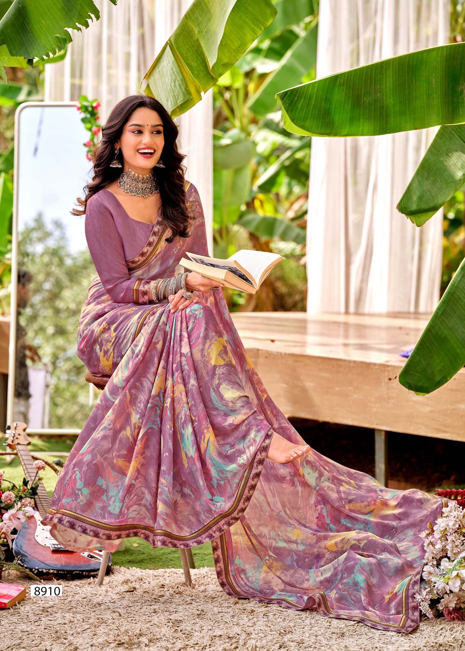 Krishnaleela Desi Girl-2 Fancy Base with Pattern Printed Saree – 8 Pcs Set-M.R. Saree Emporium