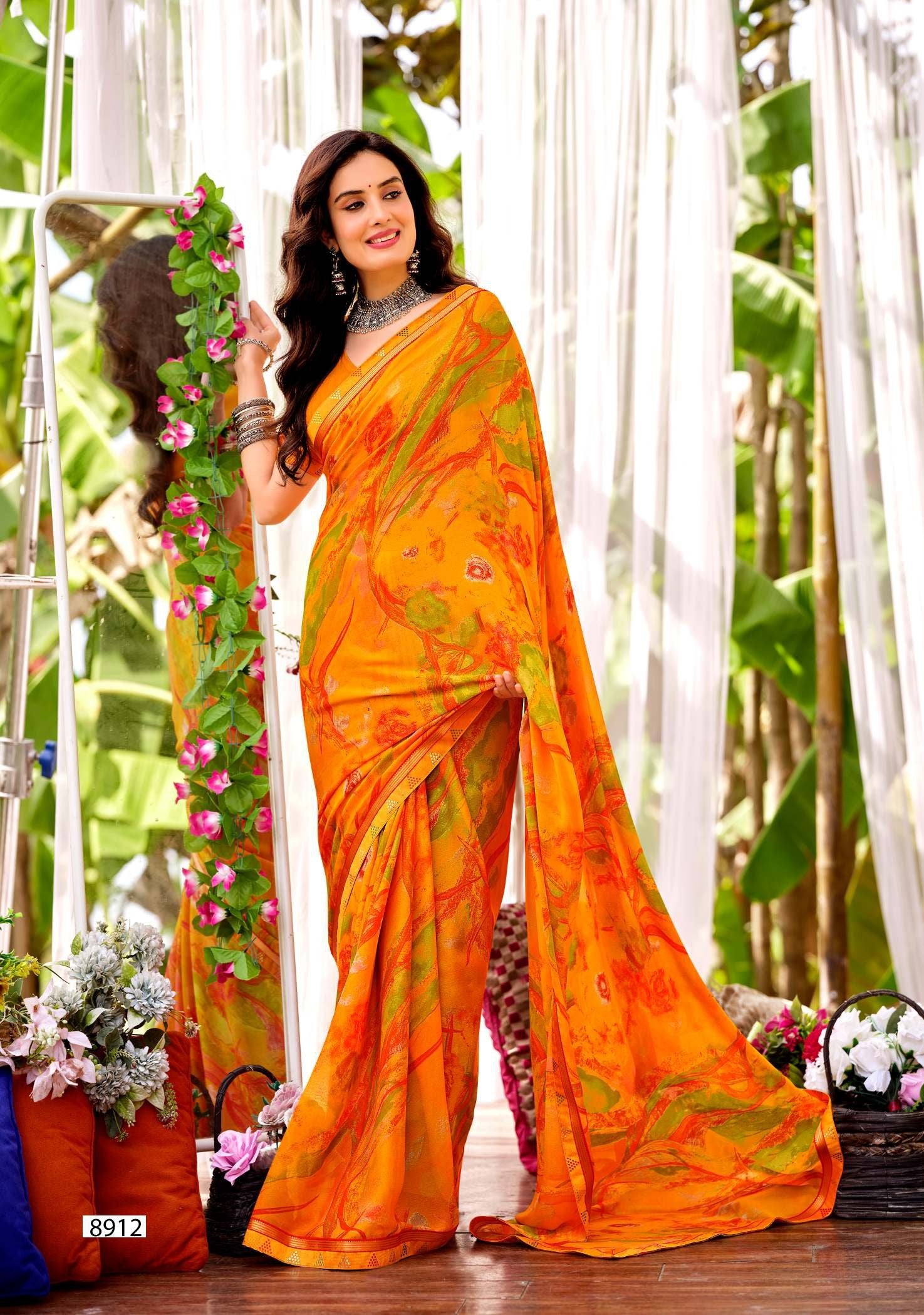 Krishnaleela Desi Girl-2 Fancy Base with Pattern Printed Saree – 8 Pcs Set-M.R. Saree Emporium