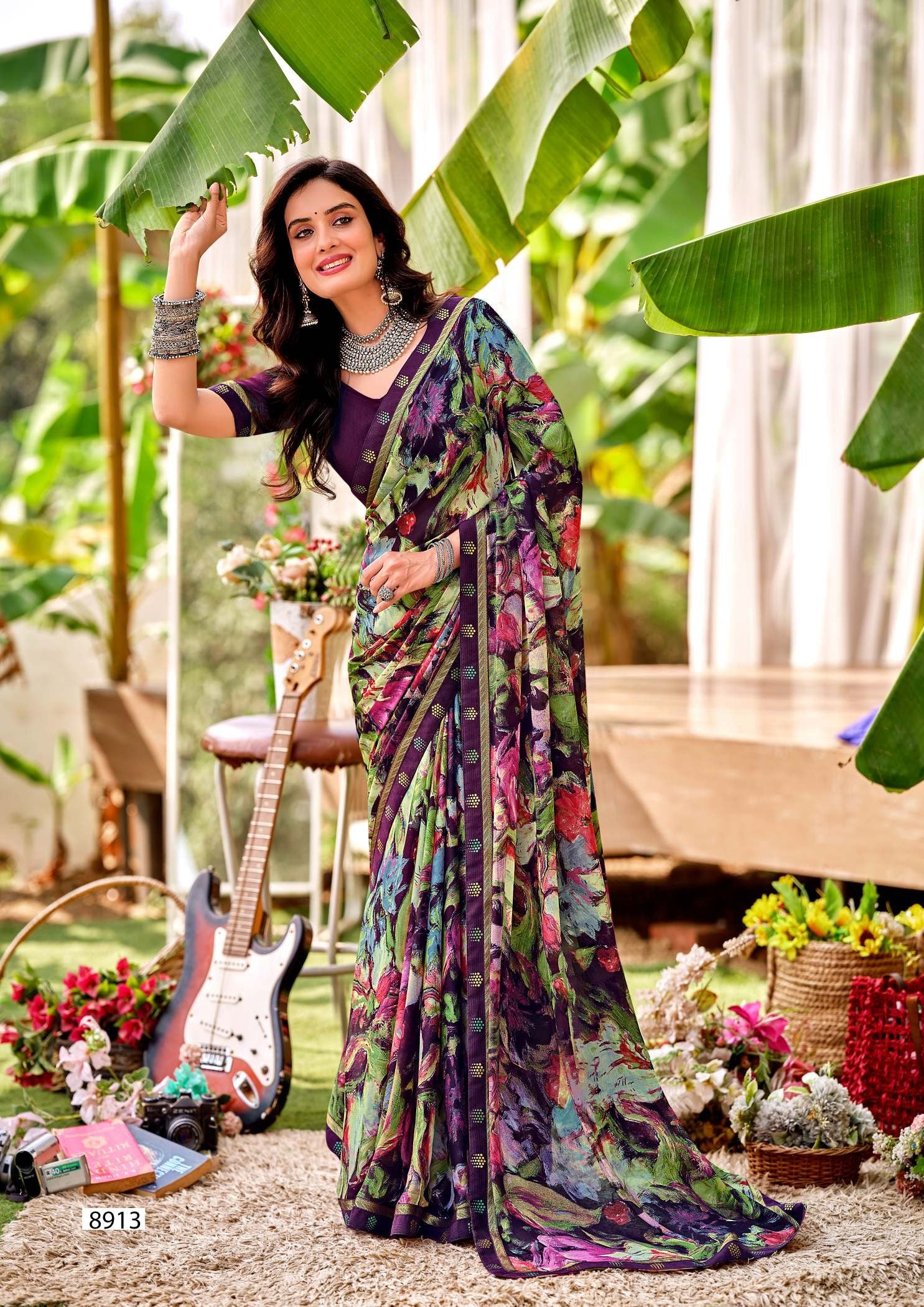 Krishnaleela Desi Girl-2 Fancy Base with Pattern Printed Saree – 8 Pcs Set-M.R. Saree Emporium