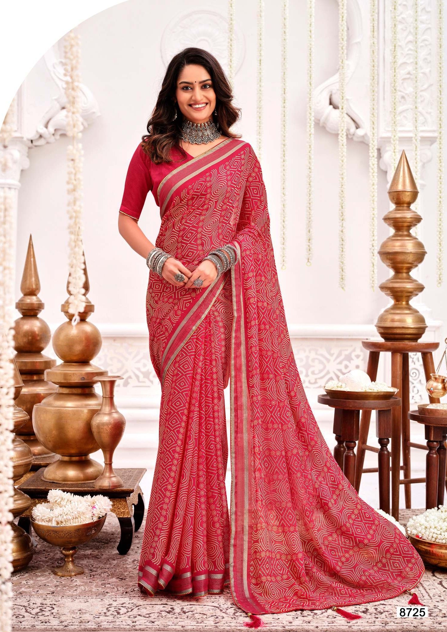 Krishnaleela Mahotsav Fancy Base with Pattern Printed Saree – 8 Pcs Set-M.R. Saree Emporium