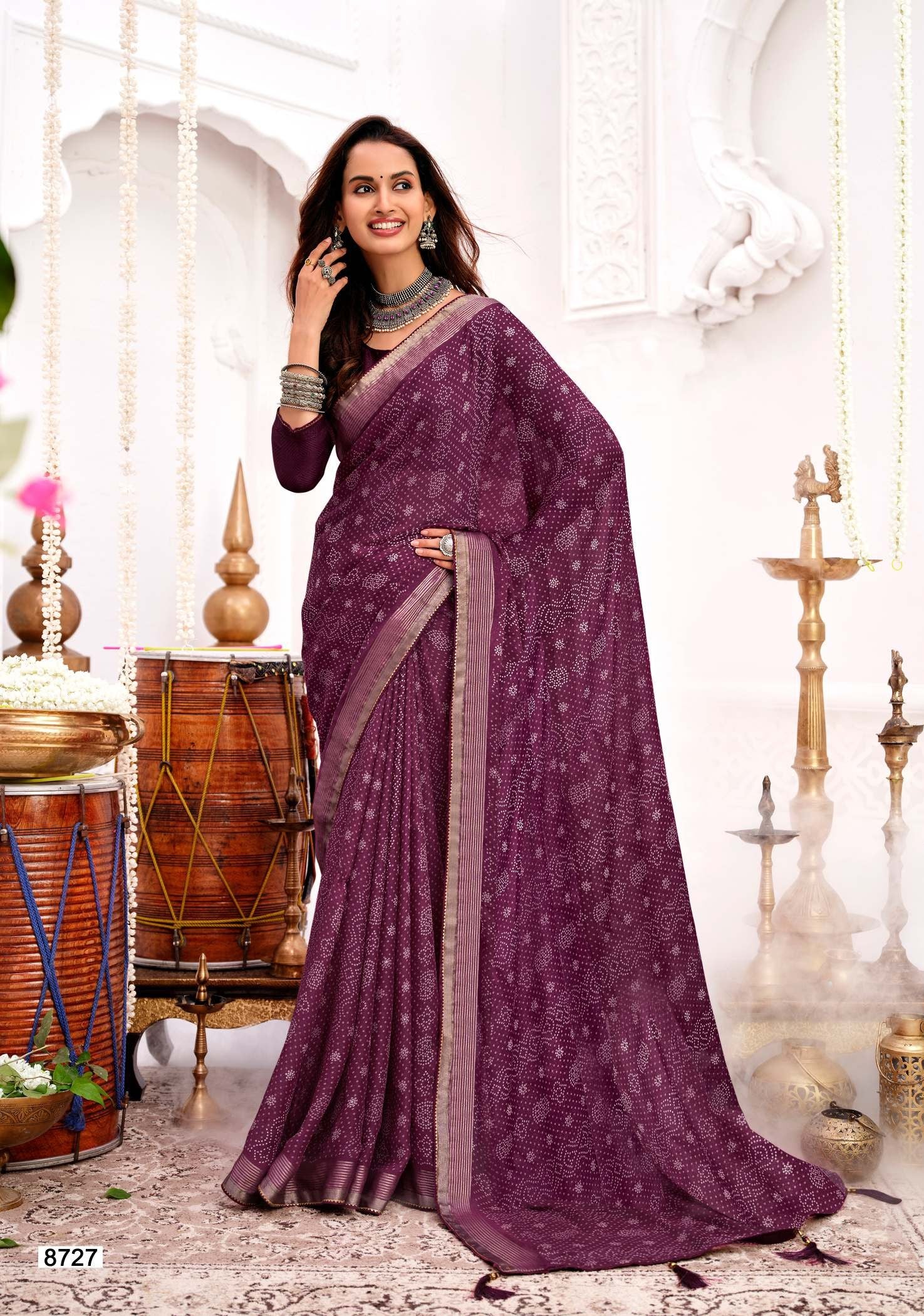 Krishnaleela Mahotsav Fancy Base with Pattern Printed Saree – 8 Pcs Set-M.R. Saree Emporium