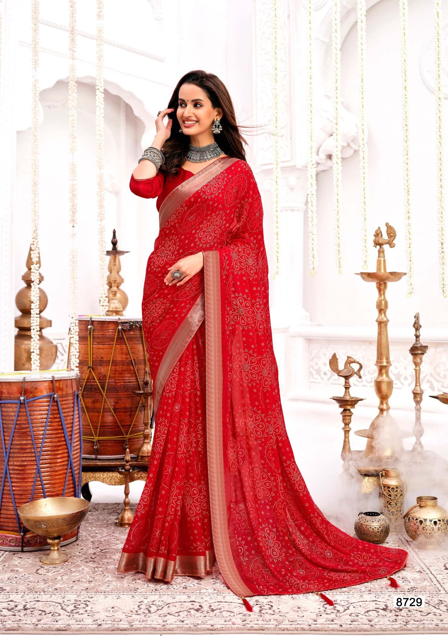 Krishnaleela Mahotsav Fancy Base with Pattern Printed Saree – 8 Pcs Set-M.R. Saree Emporium