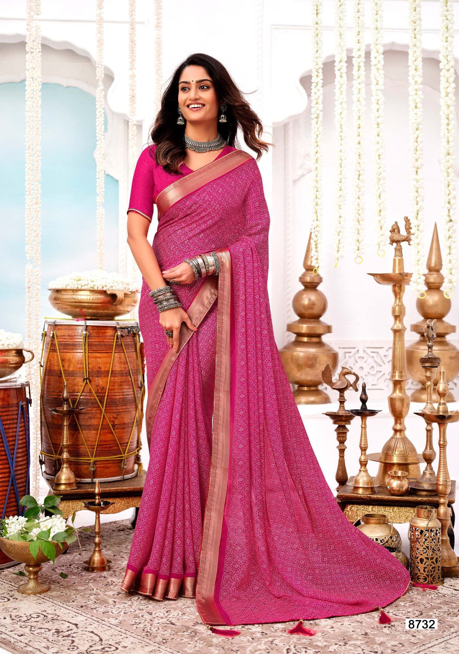 Krishnaleela Mahotsav Fancy Base with Pattern Printed Saree – 8 Pcs Set-M.R. Saree Emporium