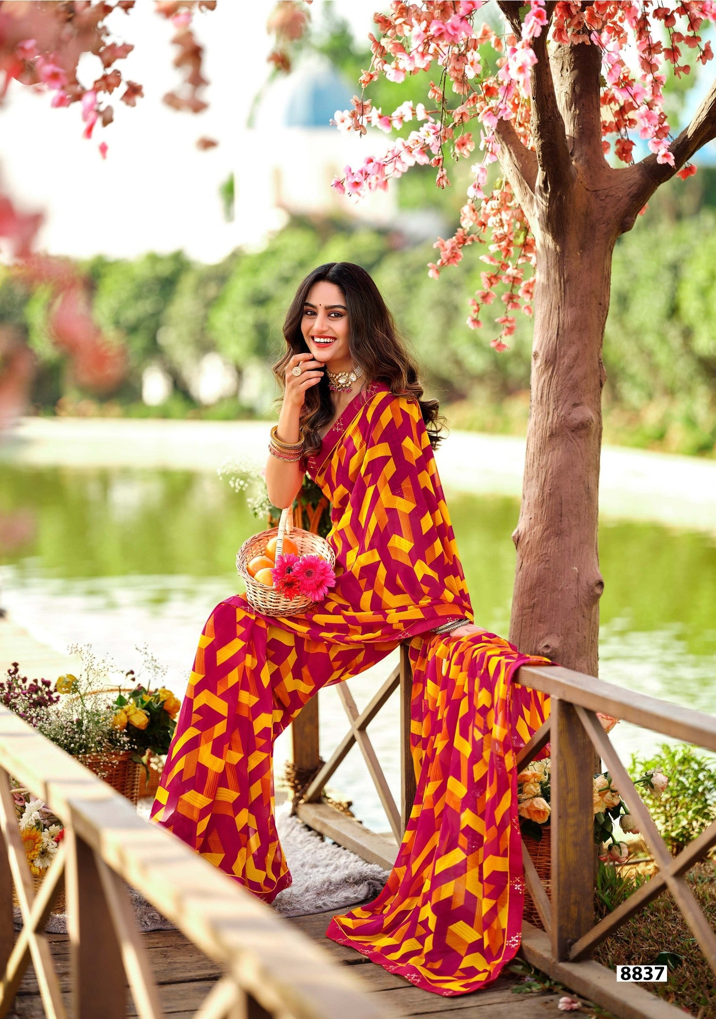 Krishnaleela Miracle Fancy Base with Pattern Printed Saree – 6 Pcs Set -M.R. Saree Emporium