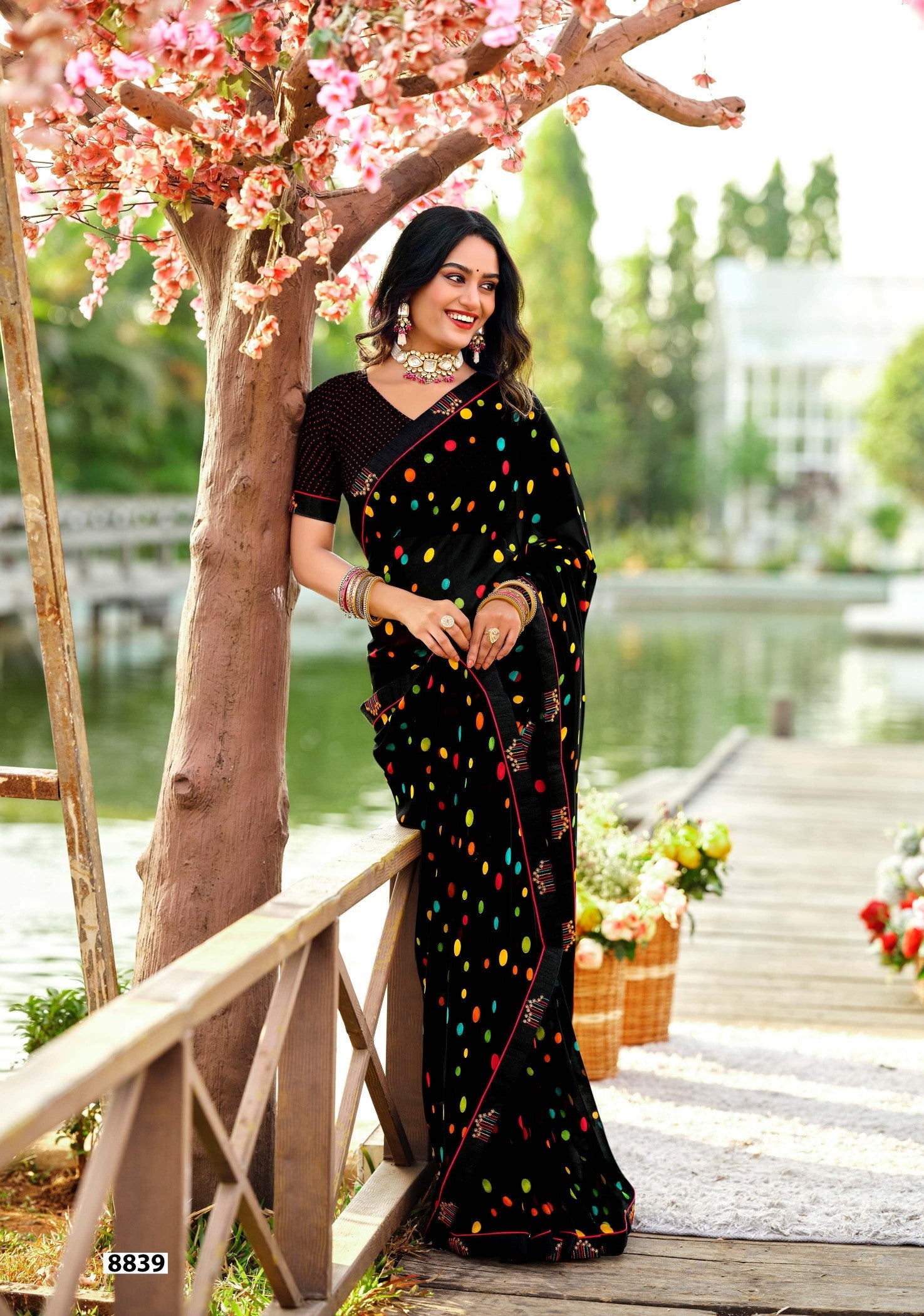Krishnaleela Miracle Fancy Base with Pattern Printed Saree – 6 Pcs Set -M.R. Saree Emporium