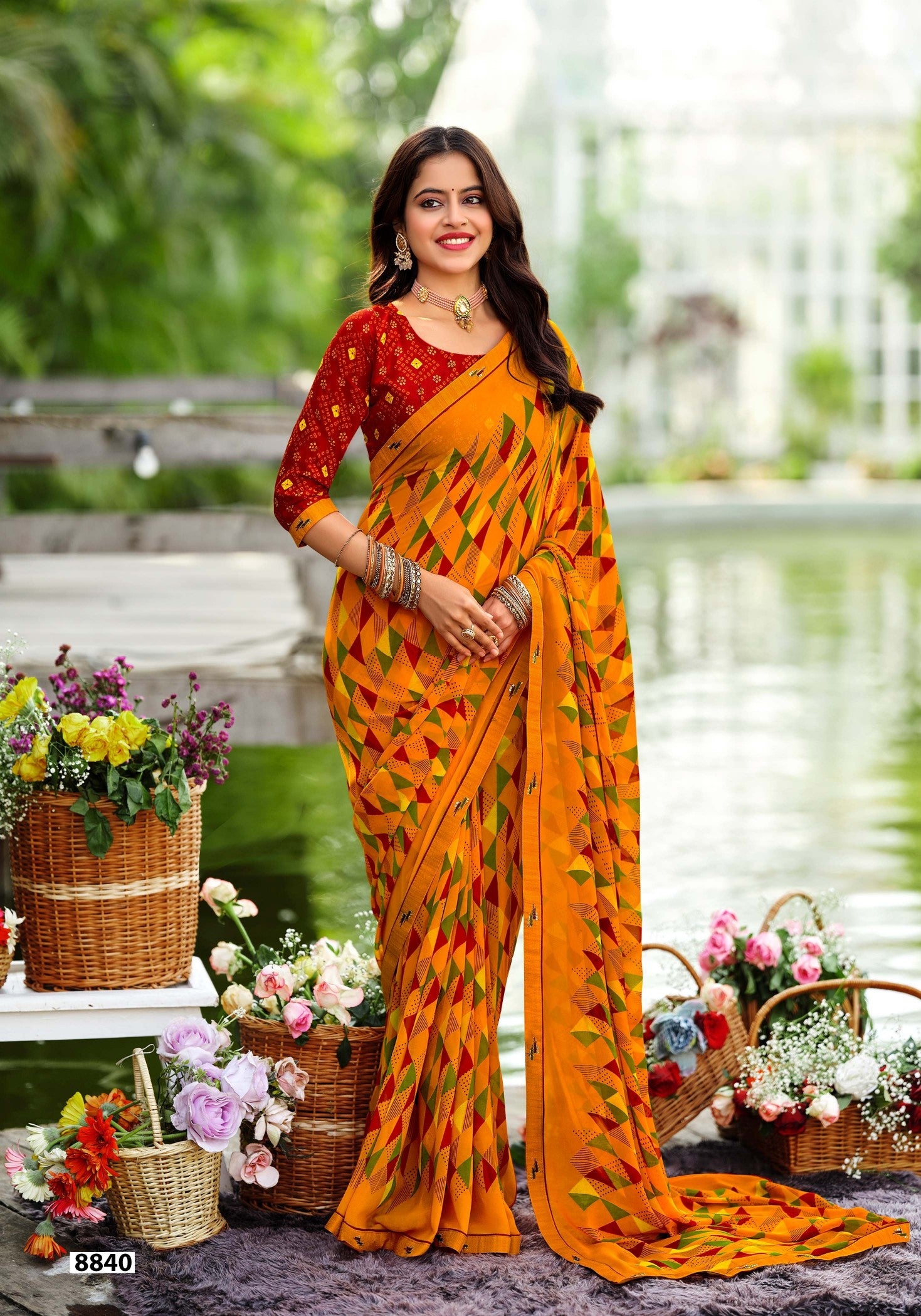 Krishnaleela Miracle Fancy Base with Pattern Printed Saree – 6 Pcs Set -M.R. Saree Emporium