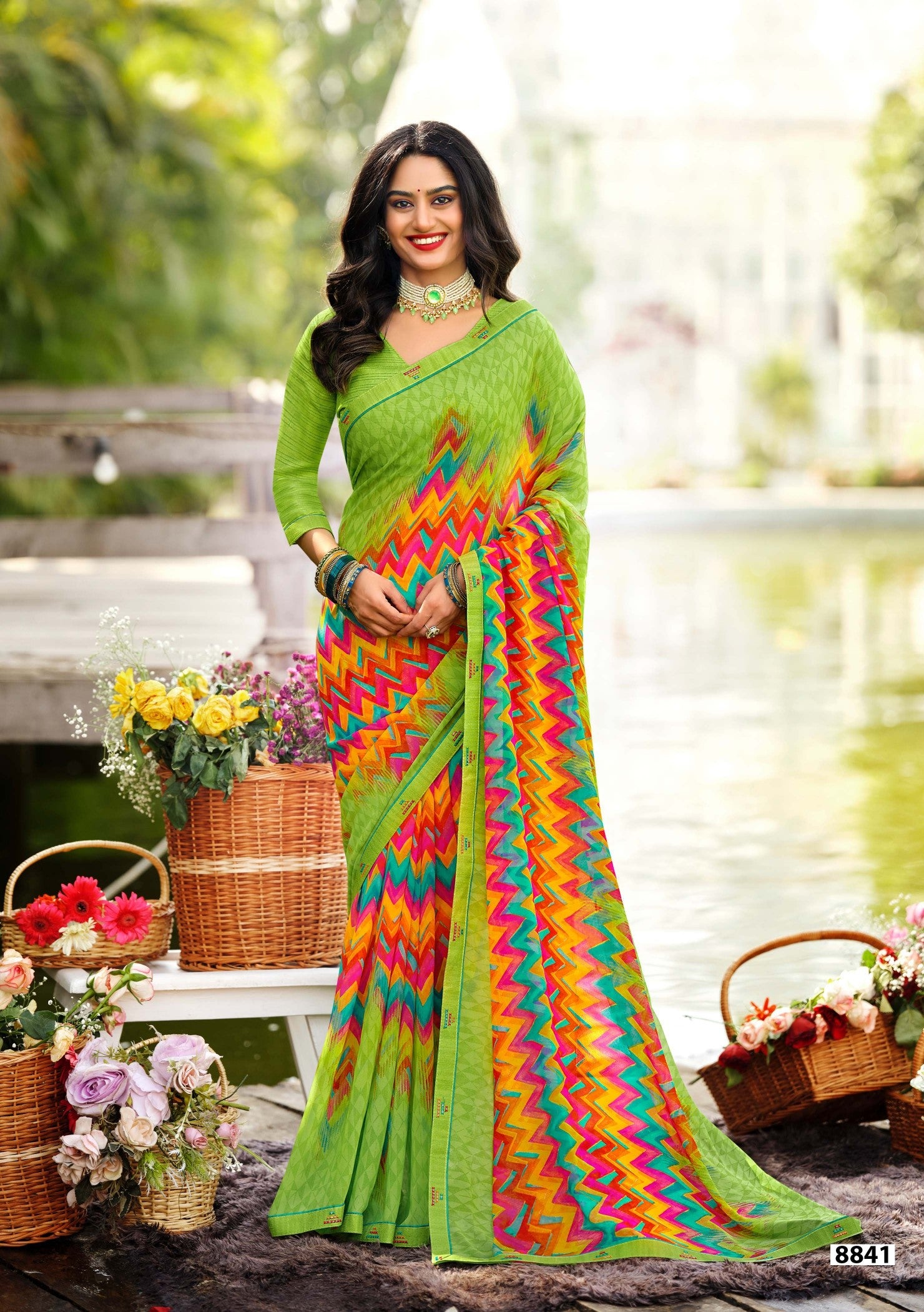 Krishnaleela Miracle Fancy Base with Pattern Printed Saree – 6 Pcs Set -M.R. Saree Emporium