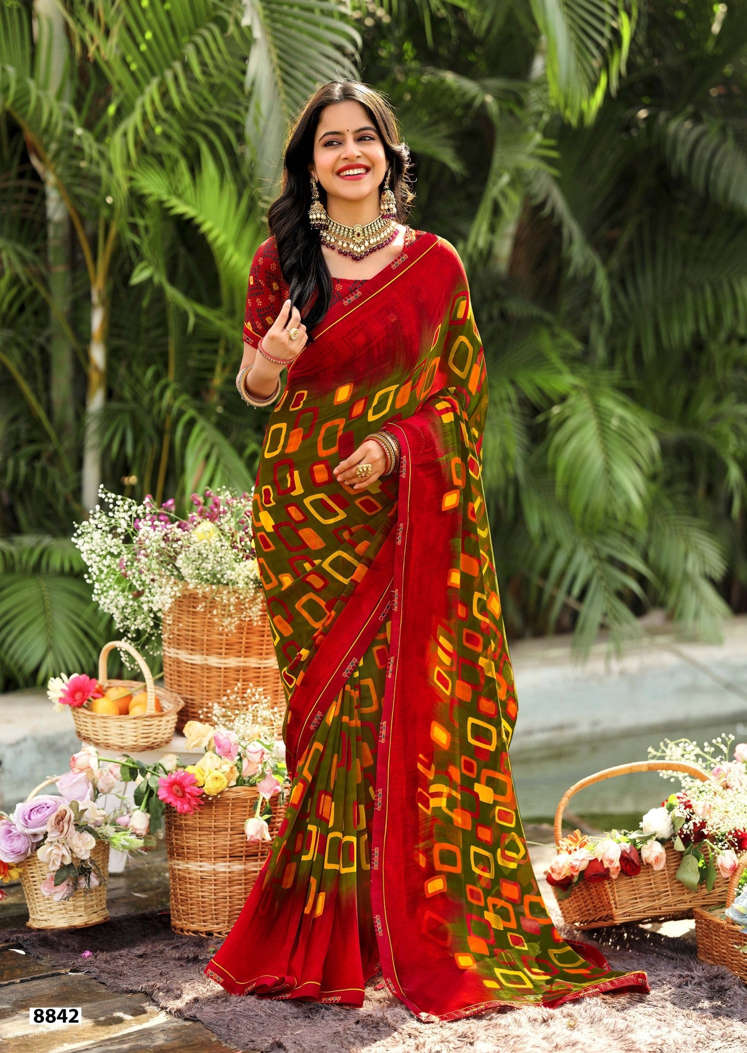 Krishnaleela Miracle Fancy Base with Pattern Printed Saree – 6 Pcs Set -M.R. Saree Emporium