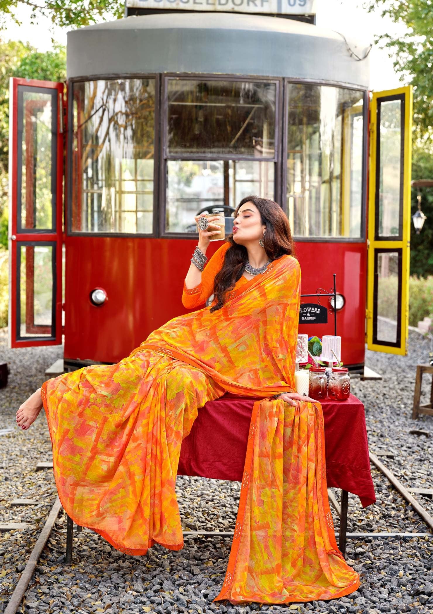 Krishnaleela Navrang Fancy Base with Pattern Printed Saree – 8 Pcs Set-M.R. Saree Emporium