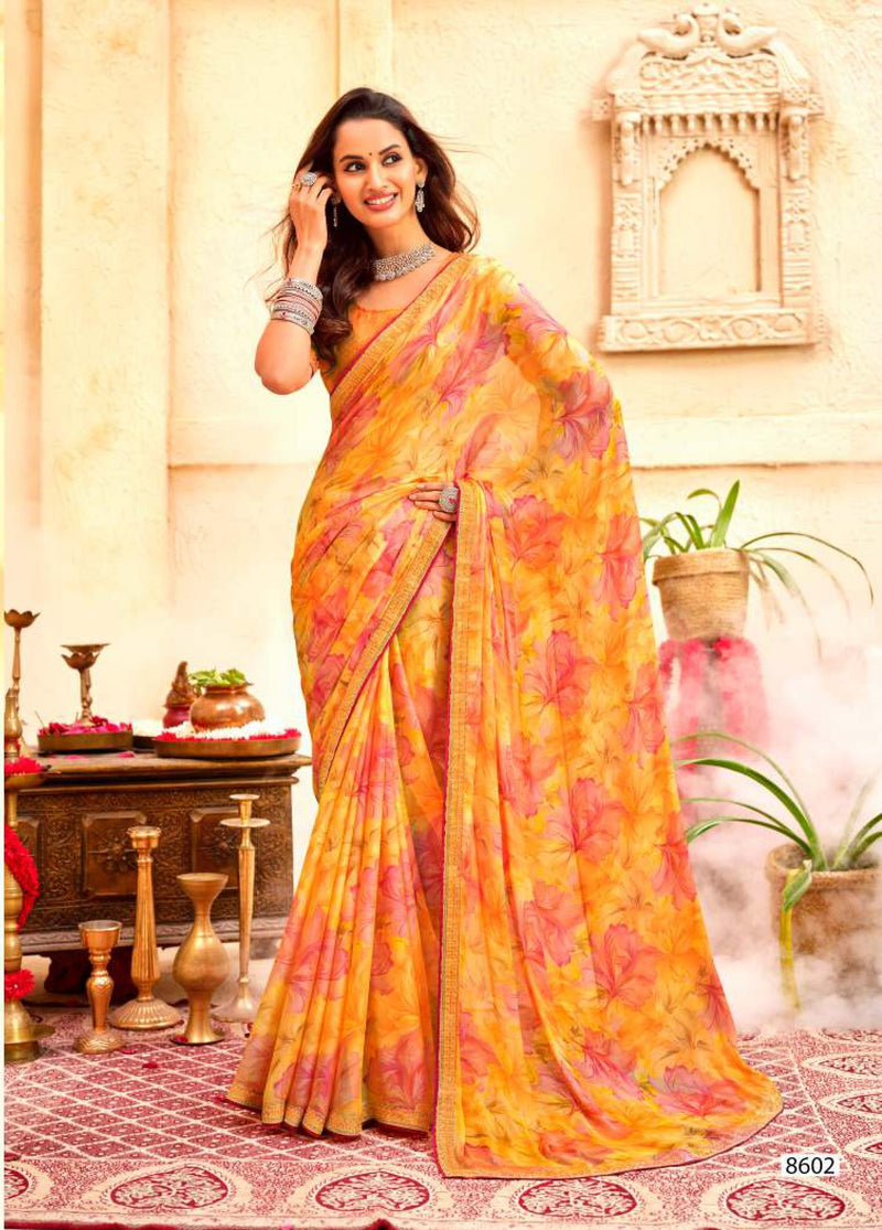 Krishnaleela Raspberry Fancy Print Saree – Set of 8 Pcs -M.R. Saree Emporium