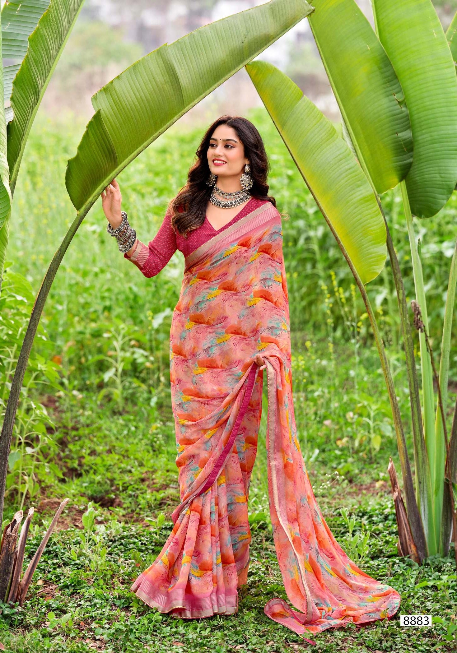 Krishnaleela Roohani-3 Fancy Base with Pattern Printed Saree – 8 Pcs Set-M.R. Saree Emporium