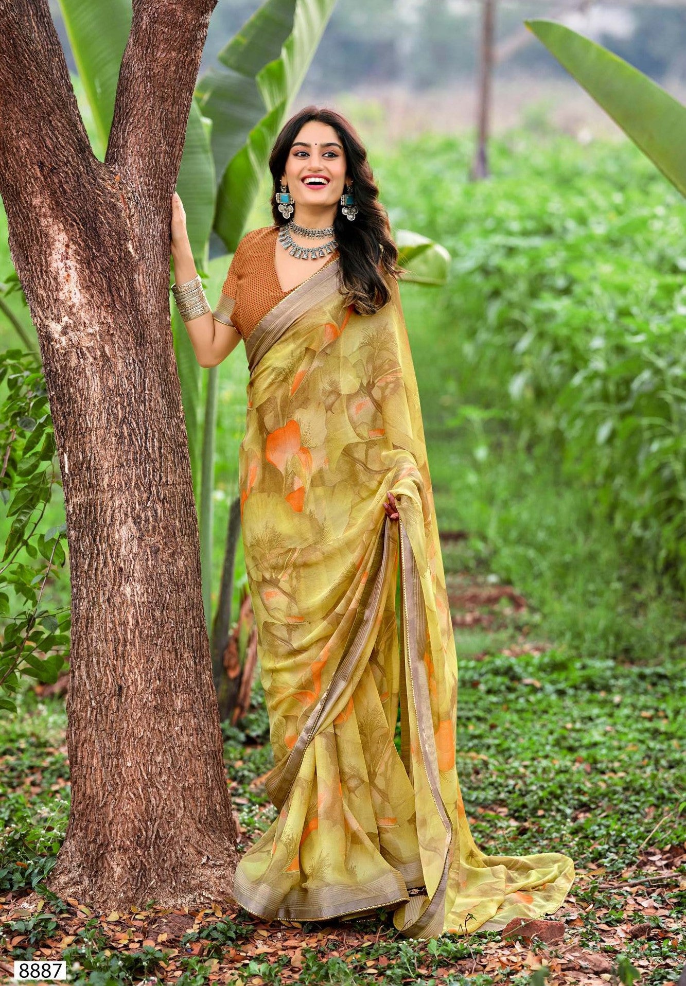 Krishnaleela Roohani-3 Fancy Base with Pattern Printed Saree – 8 Pcs Set-M.R. Saree Emporium