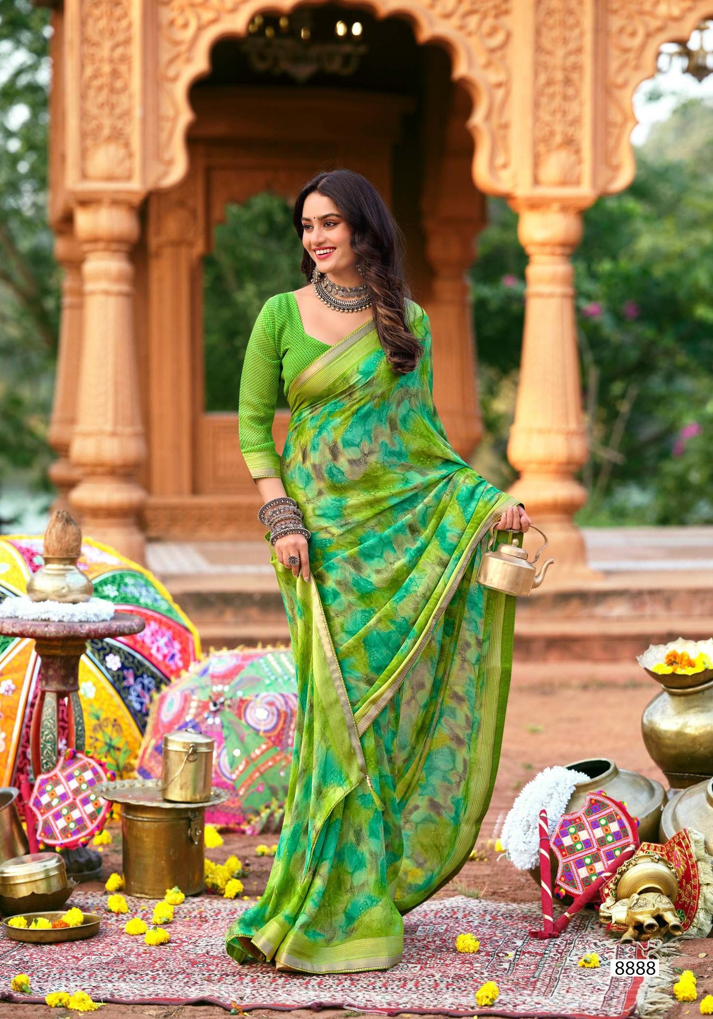 Krishnaleela Roohani-3 Fancy Base with Pattern Printed Saree – 8 Pcs Set-M.R. Saree Emporium