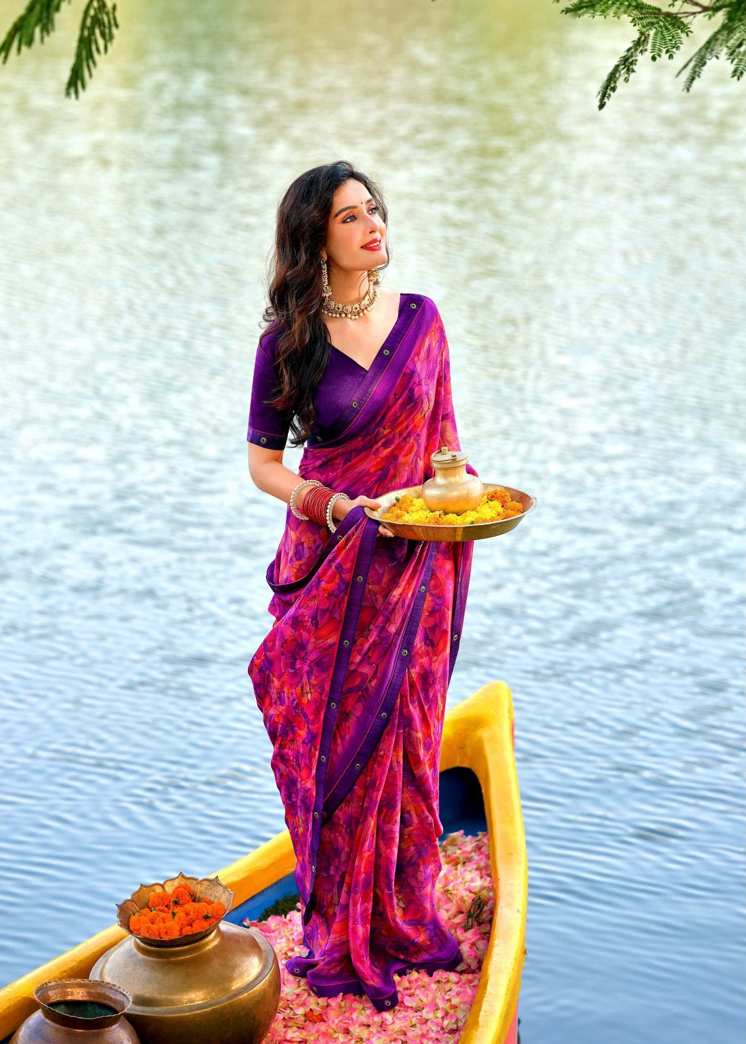 Krishnaleela Rukhmani Fancy Base with Pattern Printed Saree – 8 Pcs Set-M.R. Saree Emporium