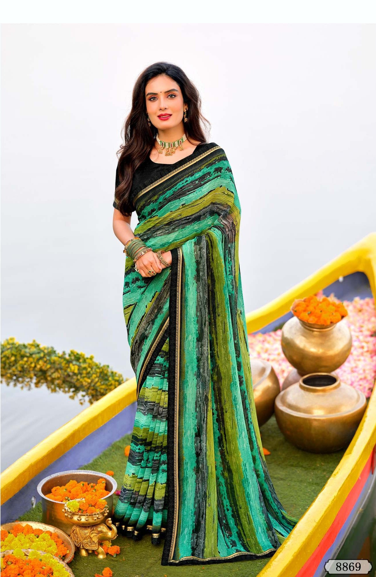 Krishnaleela Rukhmani Fancy Base with Pattern Printed Saree – 8 Pcs Set-M.R. Saree Emporium