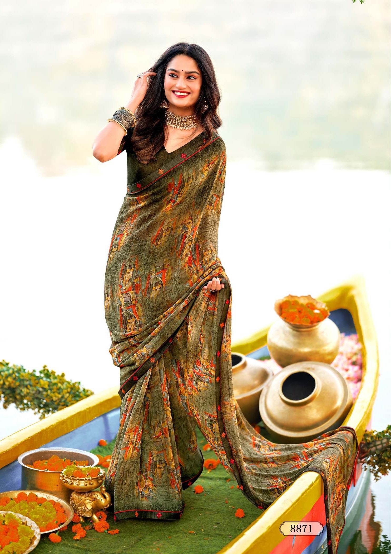 Krishnaleela Rukhmani Fancy Base with Pattern Printed Saree – 8 Pcs Set-M.R. Saree Emporium