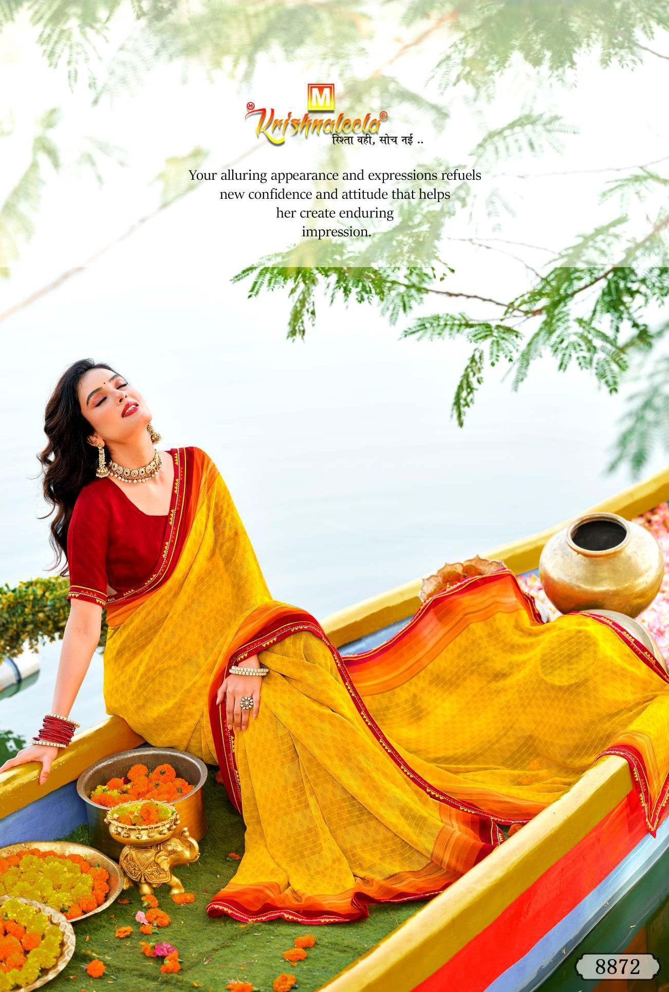 Krishnaleela Rukhmani Fancy Base with Pattern Printed Saree – 8 Pcs Set-M.R. Saree Emporium