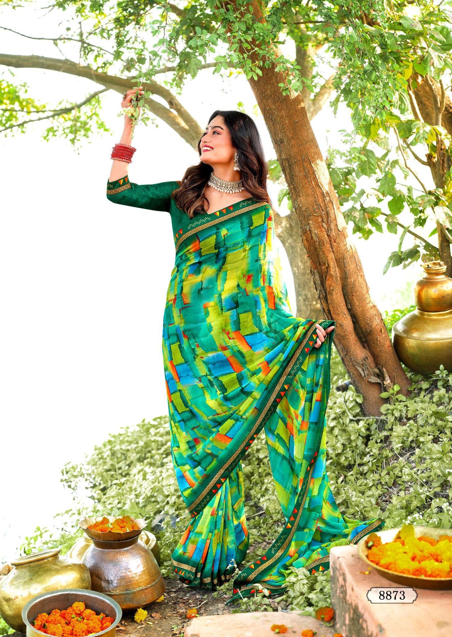 Krishnaleela Rukhmani Fancy Base with Pattern Printed Saree – 8 Pcs Set-M.R. Saree Emporium