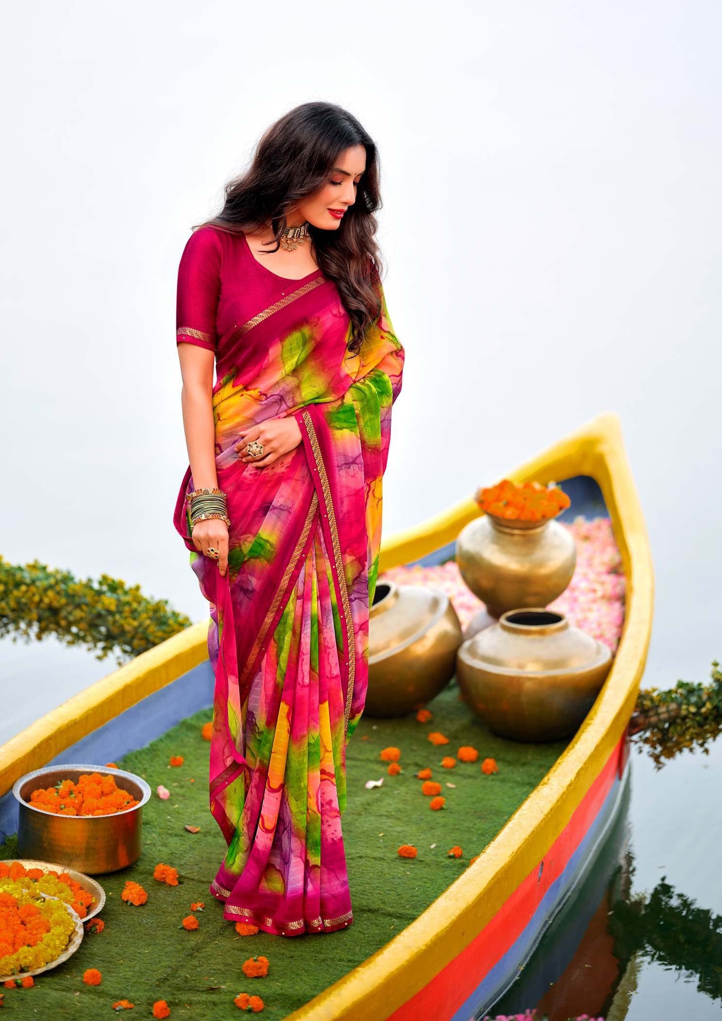 Krishnaleela Rukhmani Fancy Base with Pattern Printed Saree – 8 Pcs Set-M.R. Saree Emporium