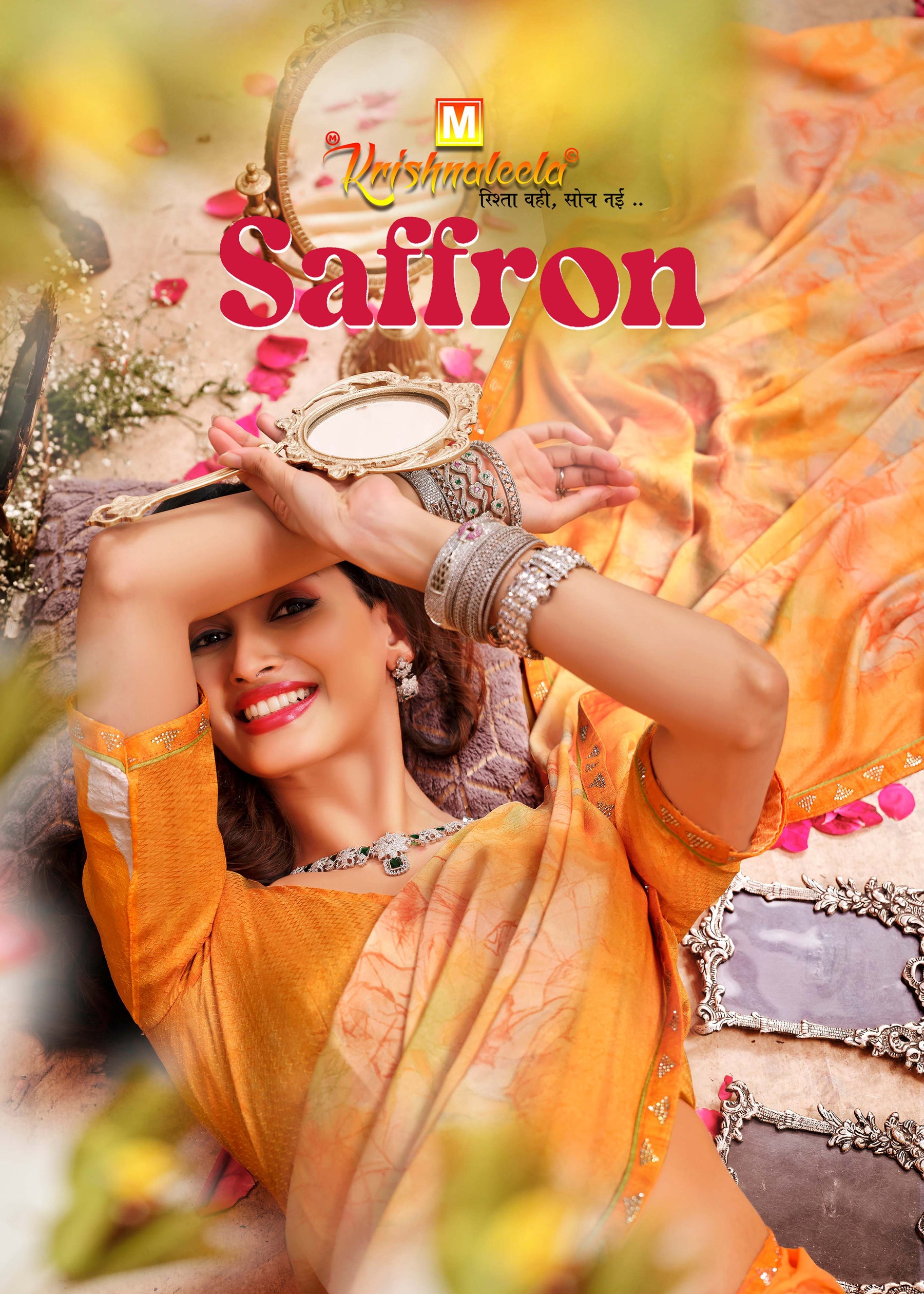 Krishnaleela Saffron Floral Printed Saree – 8 Pcs Set – M.R. Saree Emporium